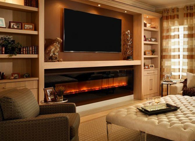 Electric Fireplace Ideas with Tv Above Beautiful Glowing Electric Fireplace with Wood Hearth and Mantel